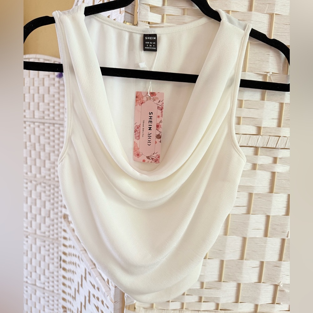 New SHEIN Ivory Draped Sleeveless Top Cropped Semi-Sheer